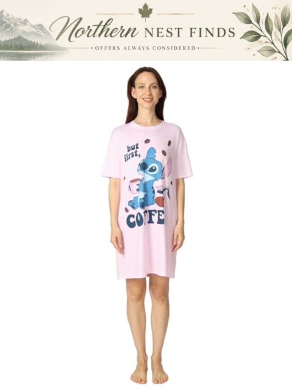 Womens Lilo Stitch Nightgown Short Sleeve Sleep Shirt Pajama Lounge Dress